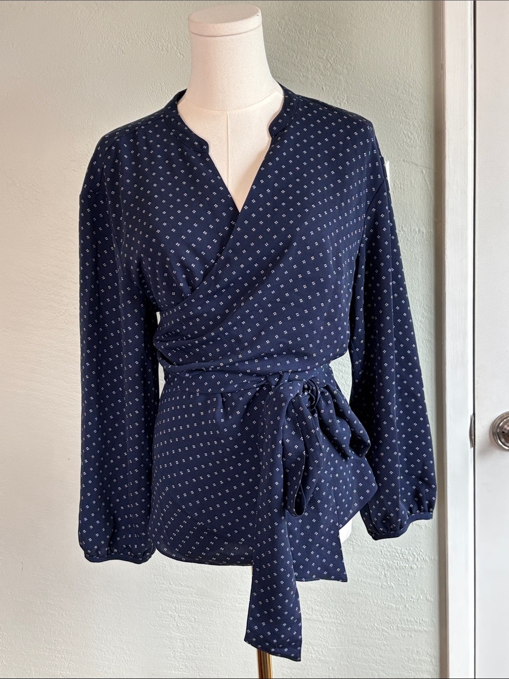 J. Crew Navy Blue Polka Dot Wrap Blouse
